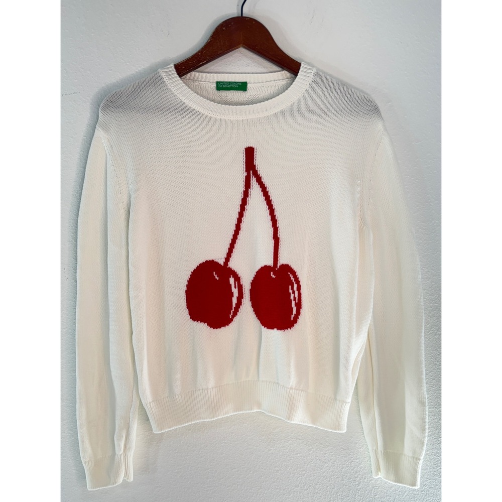 VTG 90s Y2K United Colors of Benetton Cherry Sweater White Cotton Graphic Knit L